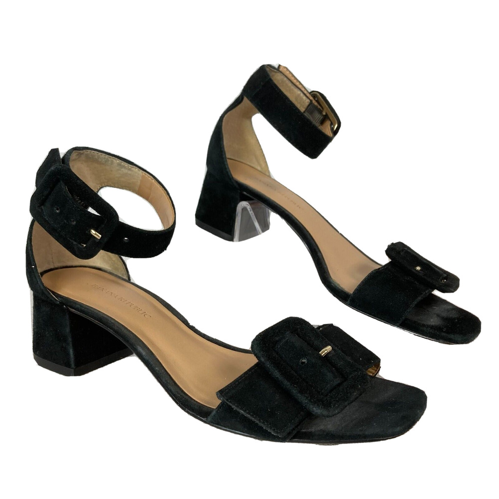 Banana Republic Sandals‎ Womens Sz 6 Black Suede Ankle Strap Buckle Toe Heels